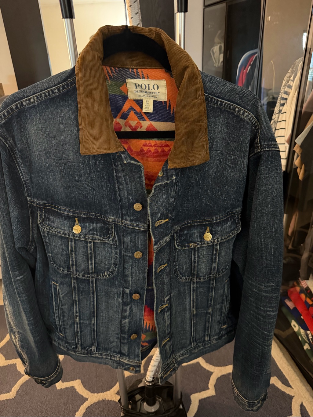 Polo Denim Jacket With Corduroy Collar And Patterned Lining Sz Xl Fits A L.